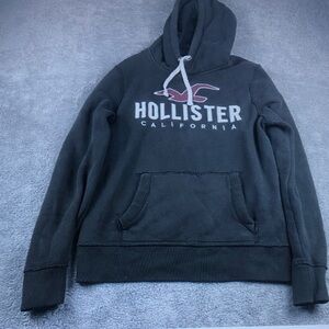 Hollister Men's Dark Gray Hoodie with White Drawcord & Pink Logo